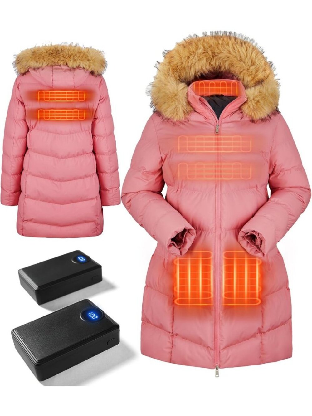 Heated Long Jacket for Women - 2 Pack Power Bank, 5 Heating Zones, Winter Coat